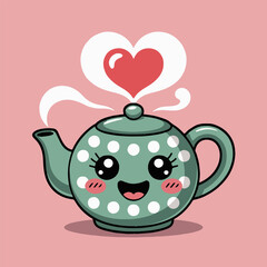 Cute cartoon teapot with polka dots and a heart shaped steam on a pink background illustration