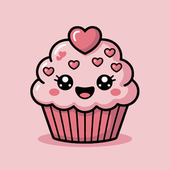 A cute cartoon cupcake with pink frosting and heart decorations on a light pink background design art