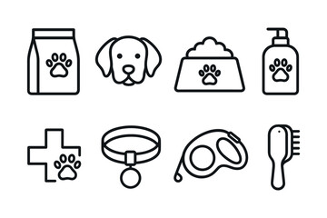 Dog essentials icons set including food, accessories, and healthcare