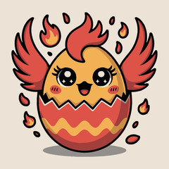 A cute cartoon phoenix chick hatching from an egg with fire and big eyes on a light background