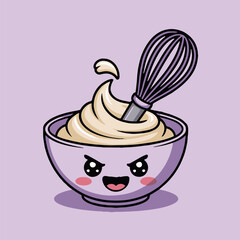 Cartoon bowl with a face filled with frosting and a whisk on a light purple background image