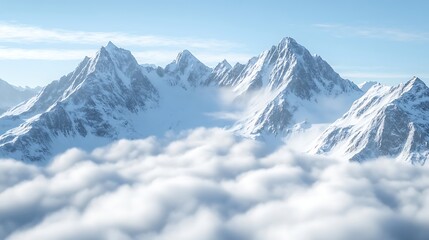 Obraz premium Snowy Mountain Peaks Above Clouds in Bright Clear Weather Landscape