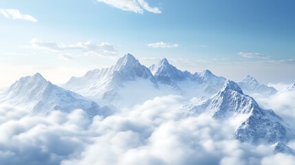 Obraz premium Snowy Mountain Peaks Rising Above the Clouds Under a Blue Sky