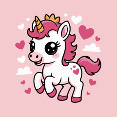 Cute cartoon unicorn with pink mane and tail wearing a gold crown surrounded by hearts and clouds