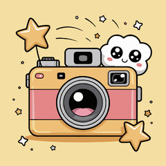 Cartoon camera with a cloud and stars in a playful and whimsical illustration on a yellow background