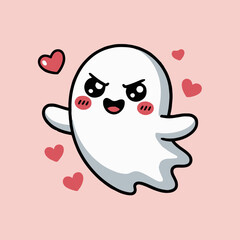 A cute cartoon ghost with an angry expression surrounded by small red hearts on a pink background