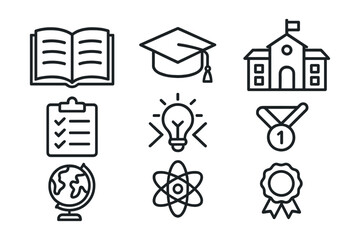 Education icons set featuring school, cap, book, and science symbols