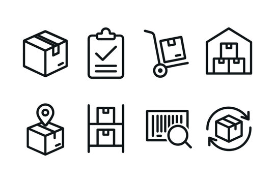 Logistics and inventory icon set highlighting boxes, warehousing, and delivery features