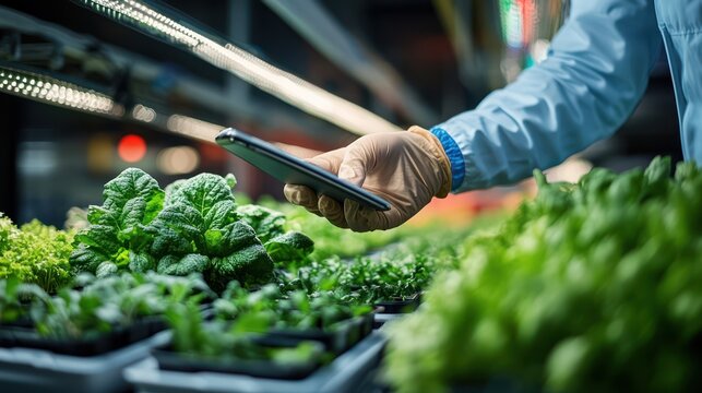 Scientist using tablet in indoor vertical farm, monitoring plant growth under LED lights
