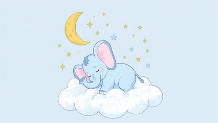 Peaceful sleeping baby elephant on clouds - soothing bedtime and baby sleep wellness illustration