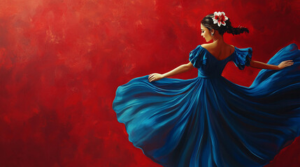 A woman in a flowing blue dress, against a textured red background