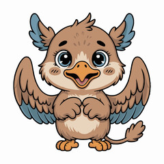 A cartoon griffin with brown and blue feathers standing on a white background with a happy expression