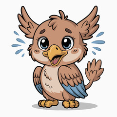 Cartoon illustration of a cute brown bird with big blue eyes and a yellow beak on white background