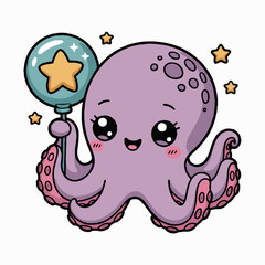 Obraz premium A cartoon octopus holding a star balloon with a happy expression and surrounding yellow stars design