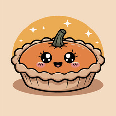 Illustration of a cute pumpkin pie with big eyes and a smile on a light background with stars