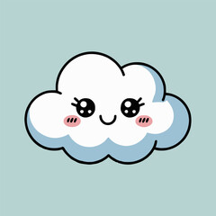 A cartoon cloud with a cute face featuring rosy cheeks on a light blue background in a flat style