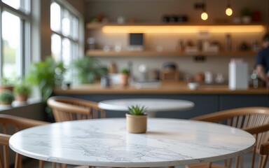Empty table space with a grey Emperador marble stone tabletop on a blurred cafe minimal kitchen counter in a bright color mood for product display with copy space image. High quality