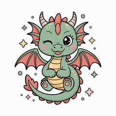 Illustration of a cartoon baby dragon with one eye closed surrounded by stars and circles on white