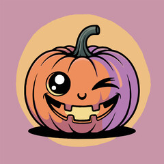 Cartoon pumpkin with one eye open and a toothy grin on a gradient orange and purple background