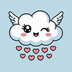 Cute cartoon cloud with wings winking and raining hearts on a light blue background illustration