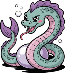Fototapeta premium Cartoon sea serpent with a fish tail and pink belly scales resting on a large pearl bubble creature