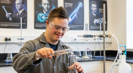 Man with down syndrome in a lab coat pouring liquid into a flask with lab equipment around him