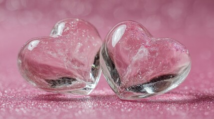 Two translucent hearts on a pink surface.