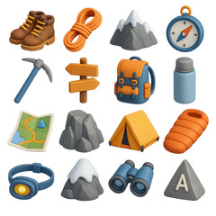 Hiking adventure 3d icon set. featuring boots, rope, mountain, compass, pickaxe, backpack, map, tent, more.