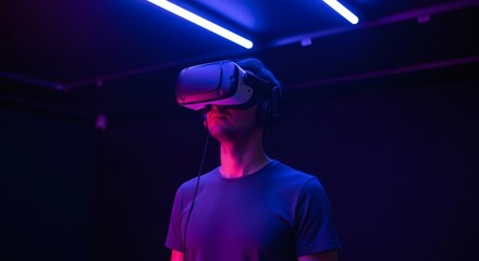 A man wearing a virtual reality headset experiencing immersive digital environment.