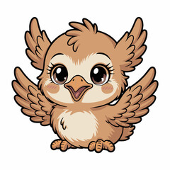 A cartoon owl with brown feathers and big eyes standing with its wings spread on a white background