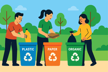 Flat Vector Illustration of People Sorting Trash into Recycle Bins for Plastic, Paper, and Organic Waste in a Clean Eco Park