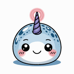 A cute cartoon narwhal with a purple horn and big eyes on a white background illustration art