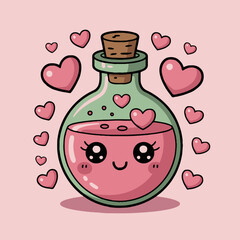 Cute cartoon love potion bottle with pink liquid and hearts floating around on a pink background