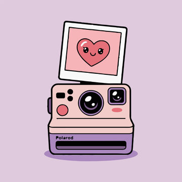 Cartoon polaroid camera with heart photo on top against a light purple background illustration