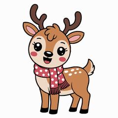 A cartoon deer with a red and white polka dot scarf standing on a white background looking forward