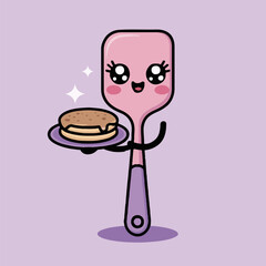 Cartoon spatula character holding a plate of pancakes with sparkles on a light purple background