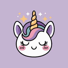 Cartoon unicorn face with closed eyes and stars on a lavender background illustration image