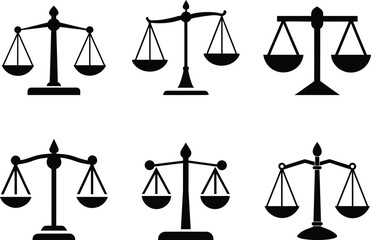 Scales of justice set - 6 balanced legal vector silhouettes, EPS JPEG PNG