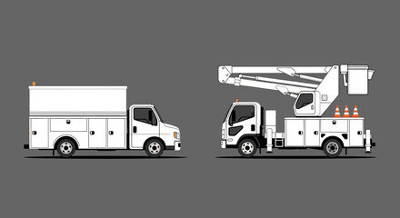 Two white utility trucks are displayed side-by-side, one a service truck with storage compartments and the other a bucket truck with an elevated platform.