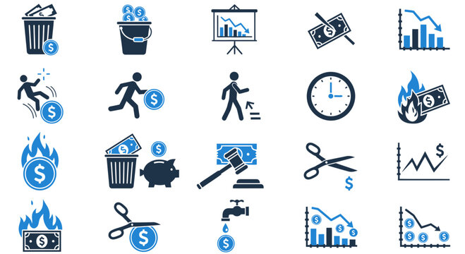 Collection of vector icons depicting financial loss, waste, decline, and economic challenges in blue and white.