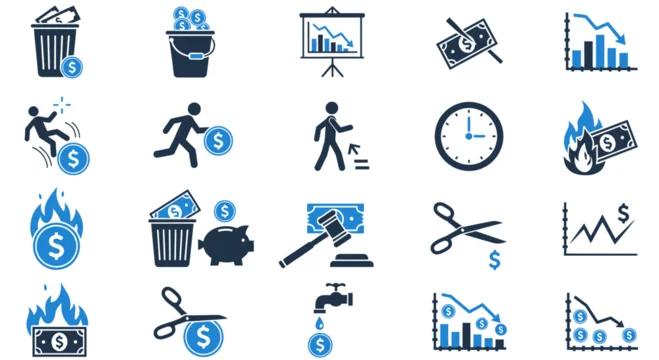Collection of vector icons depicting financial loss, waste, decline, and economic challenges in blue and white.
