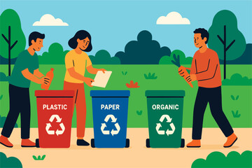Flat Vector Illustration of People Sorting Waste into Recycle Bins in a Park — Eco-Friendly Concept