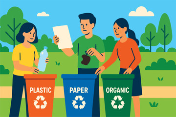Flat Vector Illustration of People Sorting Trash into Recycle Bins in a Clean Park – Plastic, Paper, and Organic Waste Management