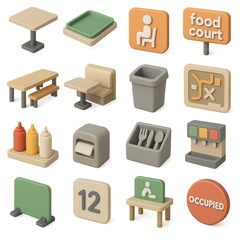 Food court 3d icon set. including table, tray, food court, bin, map, condiments, utensils, soda, occupied sign.