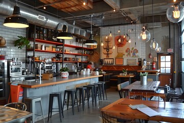 Modern coffee shop interior with counter seating, tables, and industrial lighting design