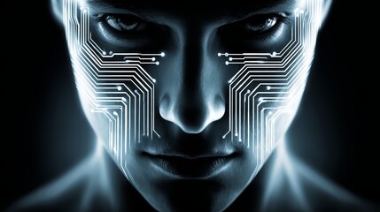 Man with electronic circuit face, a fusion of technology and humanity in digital art