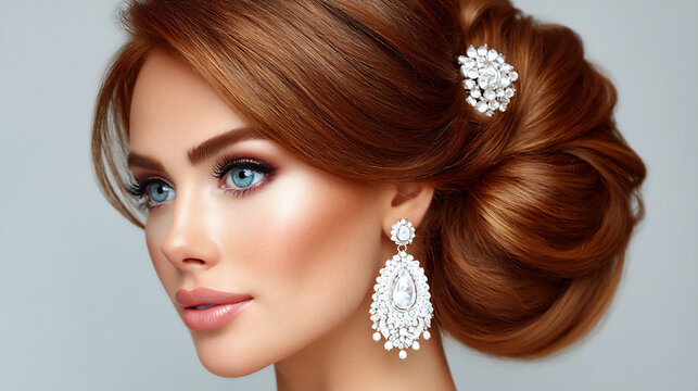 elegant photograph of a woman with a sophisticated updo hairstyle adorned with delicate hair accesso