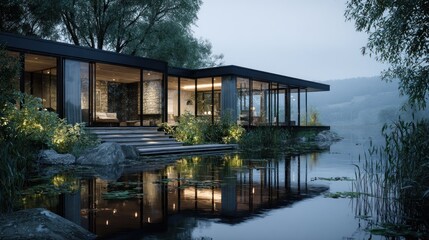 Obraz premium Lakefront serenity modern architectural residence at dusk with nature reflections