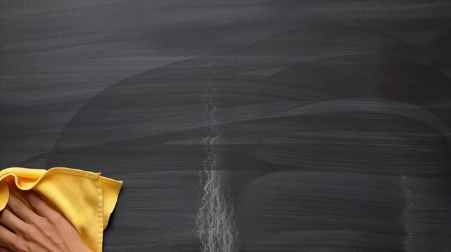 Hand Cleaning Blackboard with Yellow Cloth: Smooth Wiping Motion and Chalk Removal