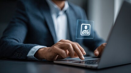 Businessman using laptop with digital user icon